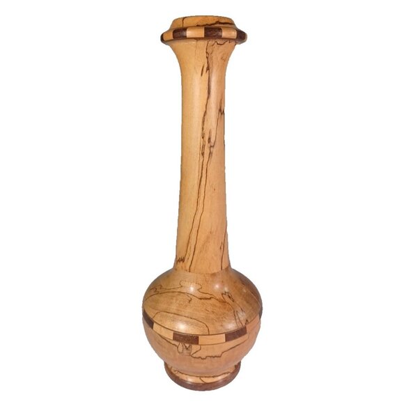 Vintage 10.5" Turned Spalted Beech & Segmented Maple Marquetry Bud Vase Signed - Picture 3 of 11
